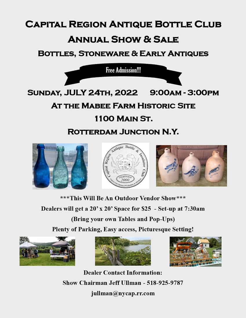 Capital Region Antique Bottle Club Annual Show & Sale @ Mabee Farm Historic Site