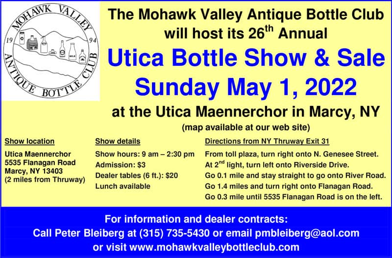 26th Annual Utica Bottle Show & Sale Hosted by Mohawk Valley Antique Bottle Club @ Utica Maennerchor