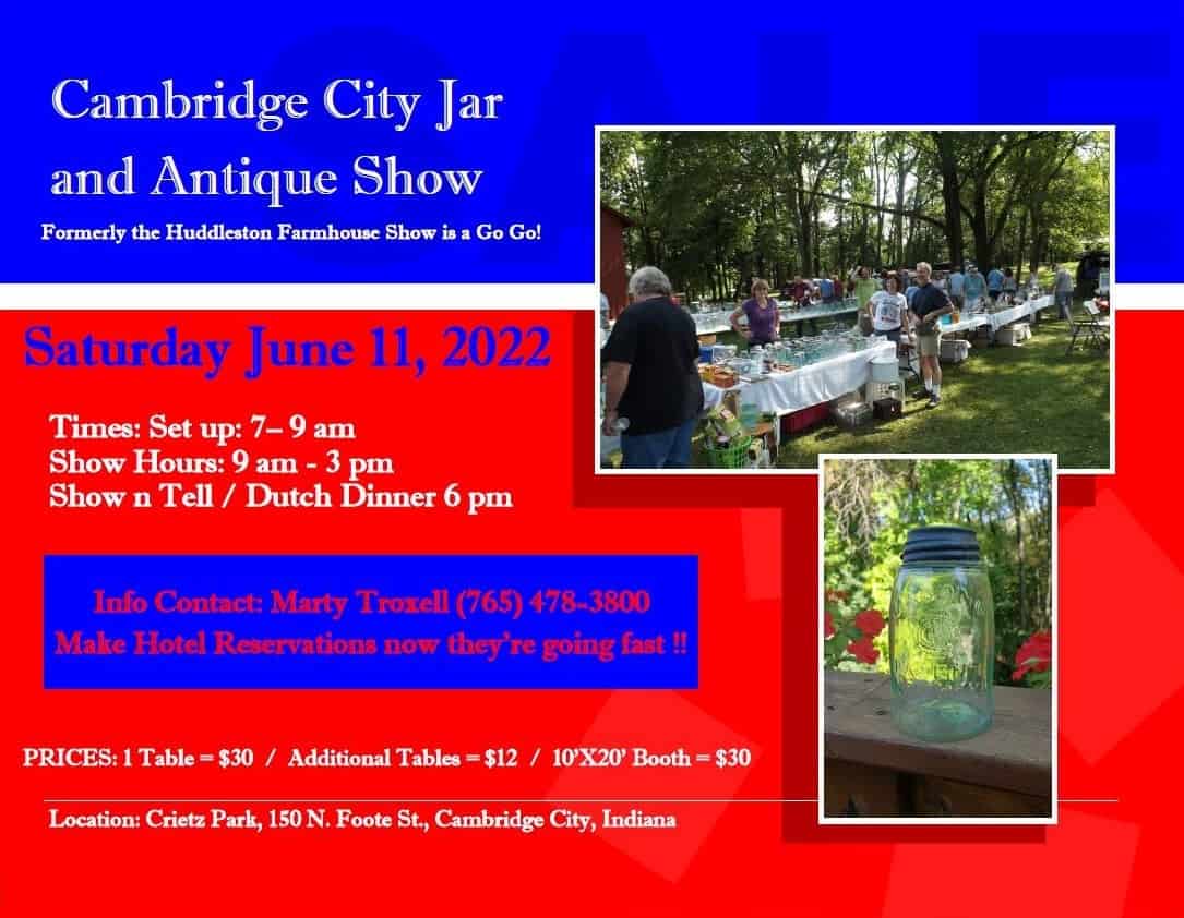 8th Annual Cambridge City Jar & Antique Show formerly the Huddleston Farmhouse Jar Show @ Creitz Park