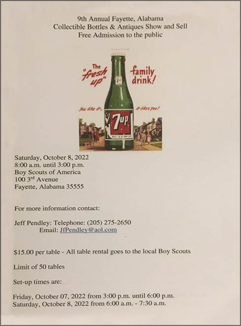 9th Annual Fayette, Alabama Bottle Collectible Bottles & Antiques Show & Sell @ Boy Scout of America Scout Building