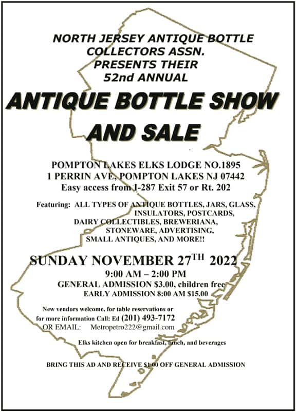 52nd Annual Antique Bottle and Collectibles Show @ Pompton Lakes Elks Lodge #1395