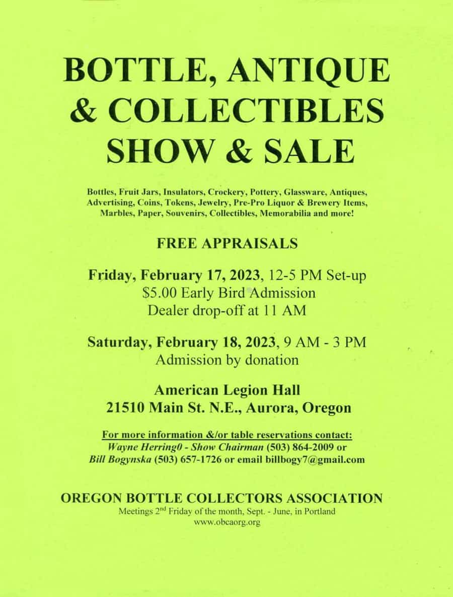 Oregon Bottle Collectors Assoc. Bottle, Antique & Collectibles Show & Sale @ American Legion Hall