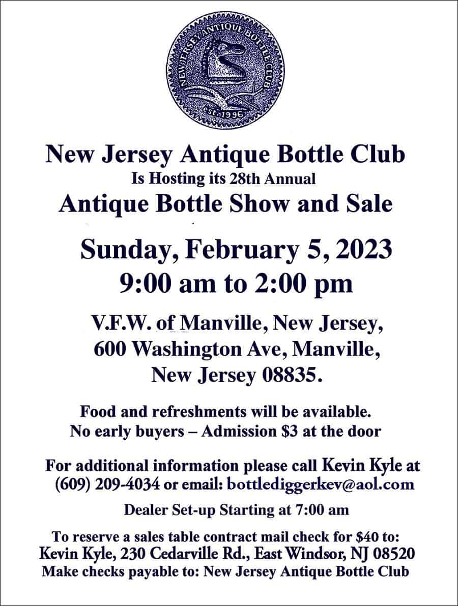 New Jersey Antique Bottle Club (NJABC) 28th Annual Show & Sale @ V.F.W. of Manville, New Jersey